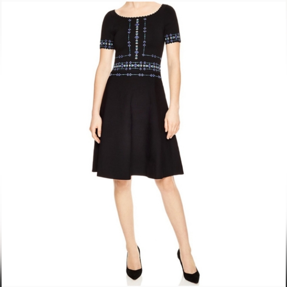 Sandro Paris Safe knit embroidered beaded dress, US 10 Sandro 40, Black, blue